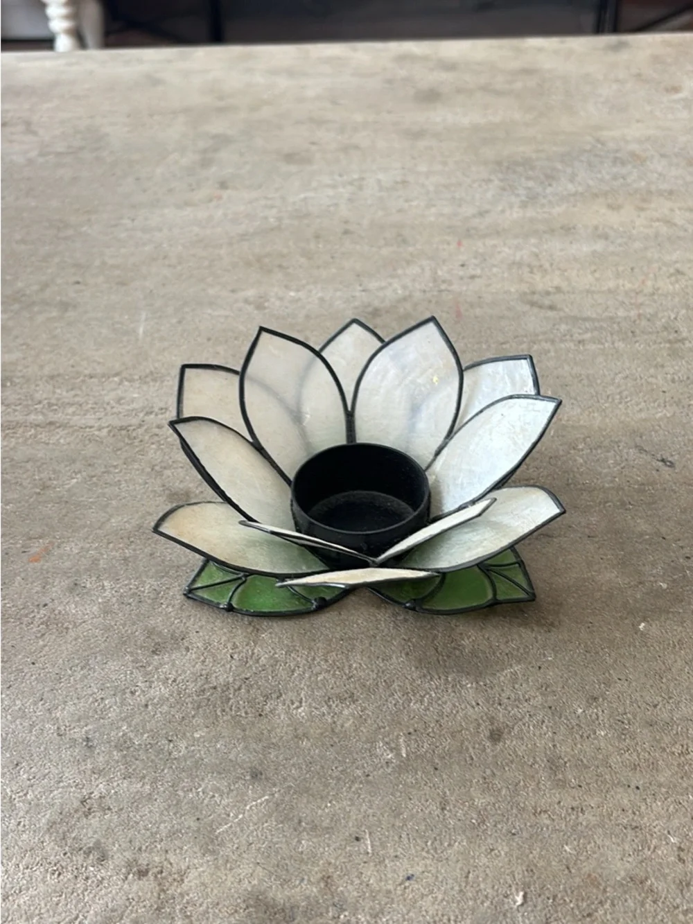 Lotus Flower Capiz Tealight Candle Holder - White 5.5” W